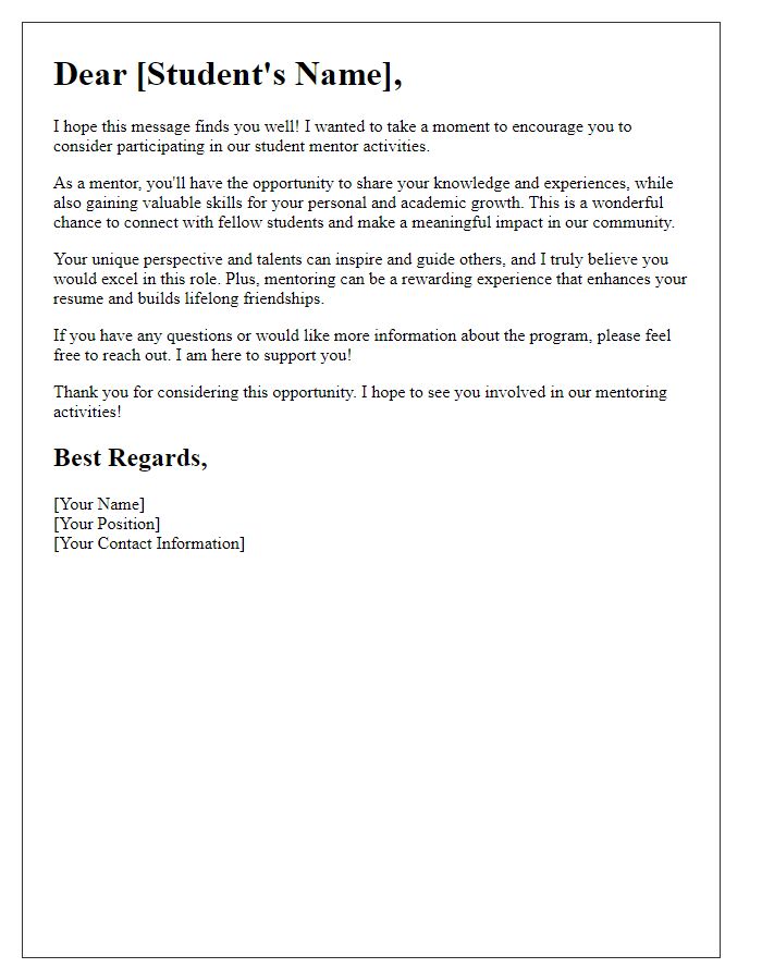 Letter template of encouragement to take part in student mentor activities