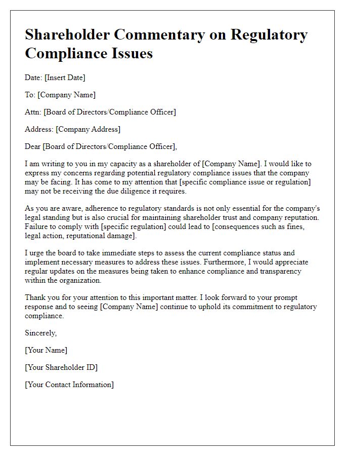 Letter template of shareholder commentary on regulatory compliance issues.