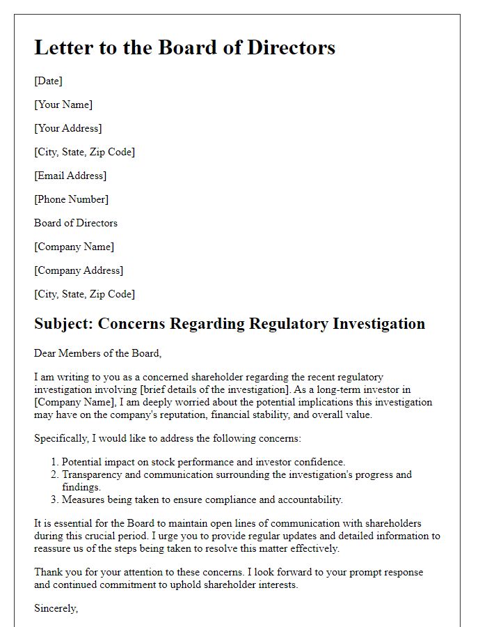 Letter template of shareholder concerns in response to regulatory investigation.