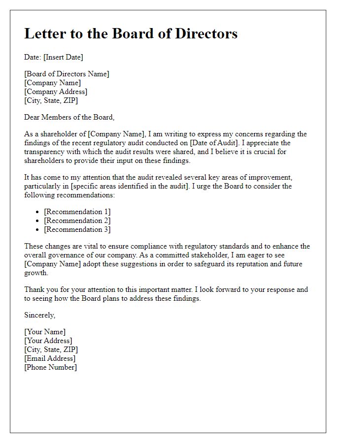 Letter template of shareholder input concerning regulatory audit findings.