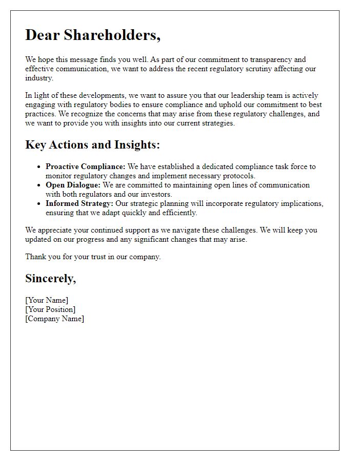 Letter template of shareholder insights addressing regulatory scrutiny.