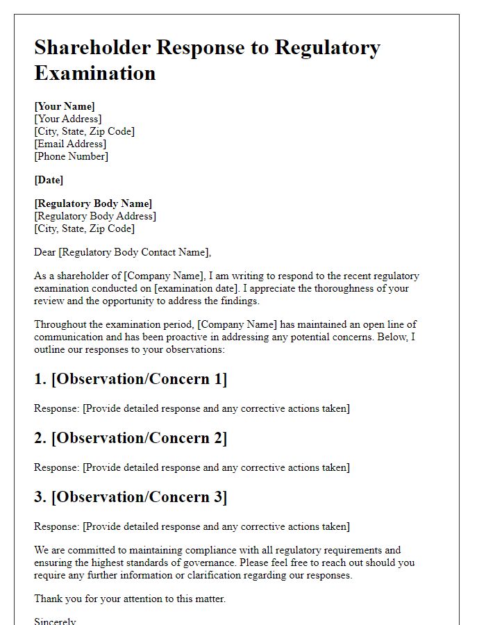 Letter template of shareholder outline responding to regulatory examination.