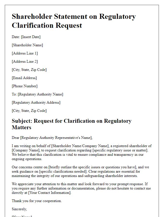 Letter template of shareholder statement on regulatory clarification request.