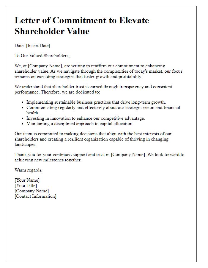 Letter template of commitment to elevate shareholder value