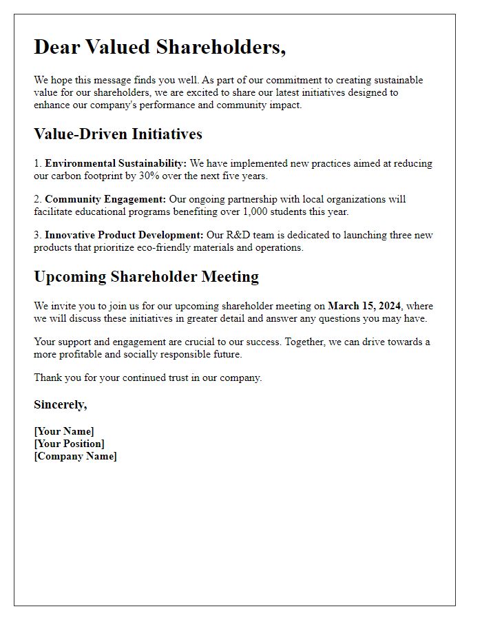 Letter template of engaging shareholders through value-driven initiatives