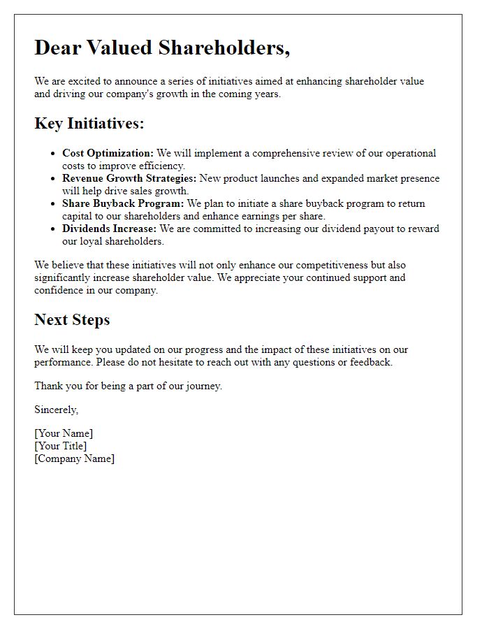 Letter template of shareholder value enhancement initiatives announcement