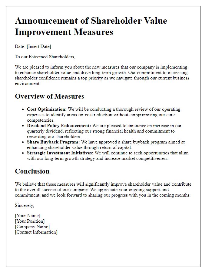 Letter template of shareholder value improvement measures announcement