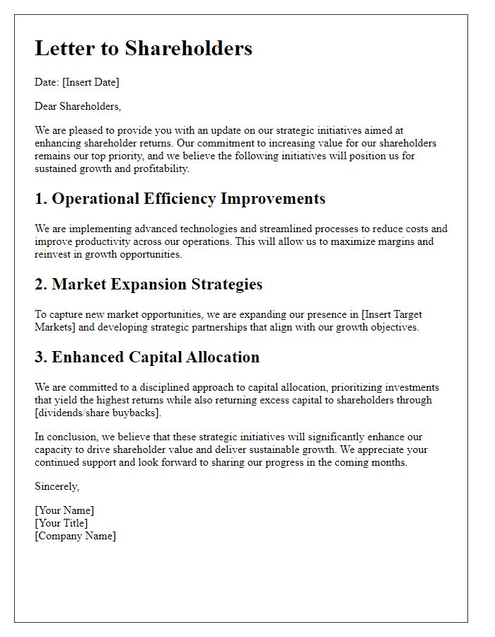 Letter template of strategic initiatives for increasing shareholder returns