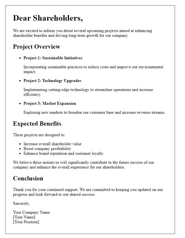 Letter template of upcoming projects designed to enhance shareholder benefits