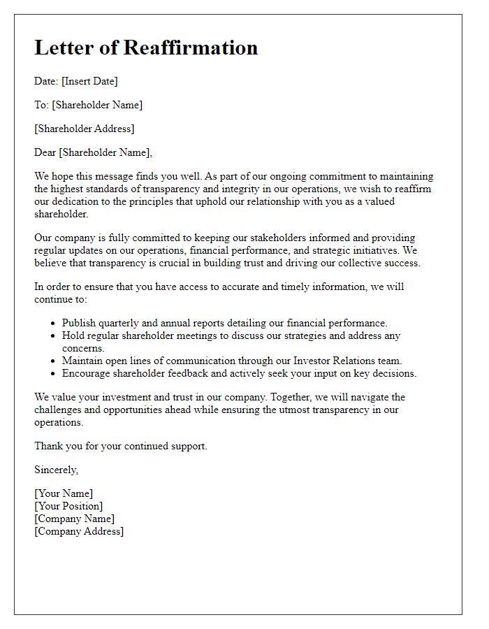 Letter template of reaffirming shareholder assurance of transparent operations.