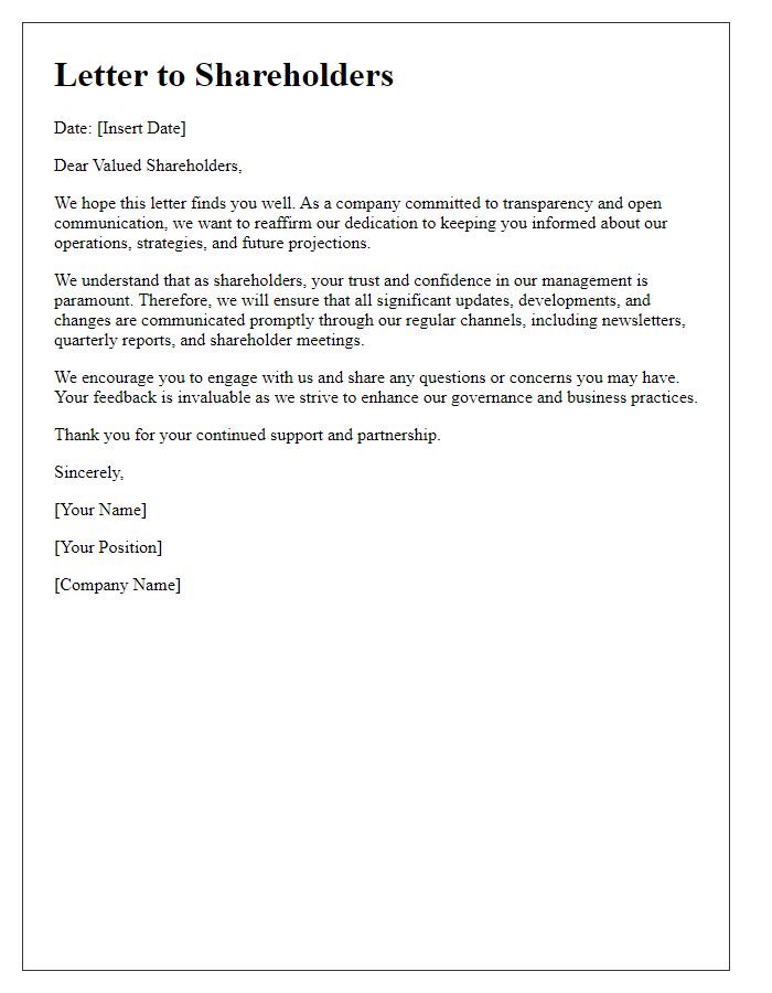 Letter template of reaffirming shareholder commitment to open communication.