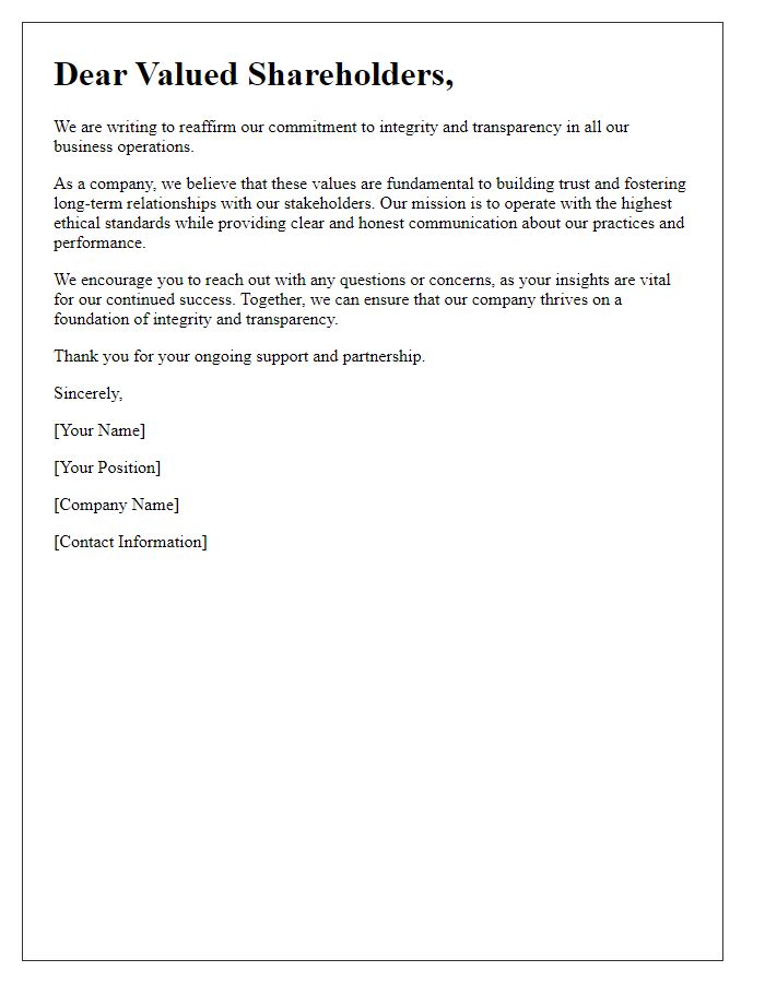 Letter template of reaffirming shareholder emphasis on integrity and transparency.