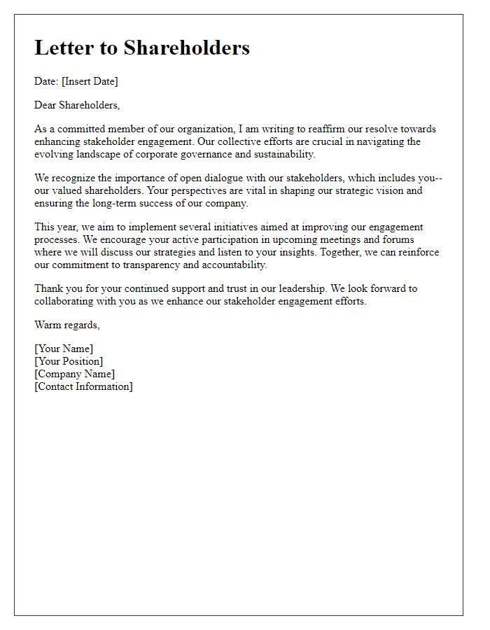 Letter template of reaffirming shareholder resolve for stakeholder engagement.