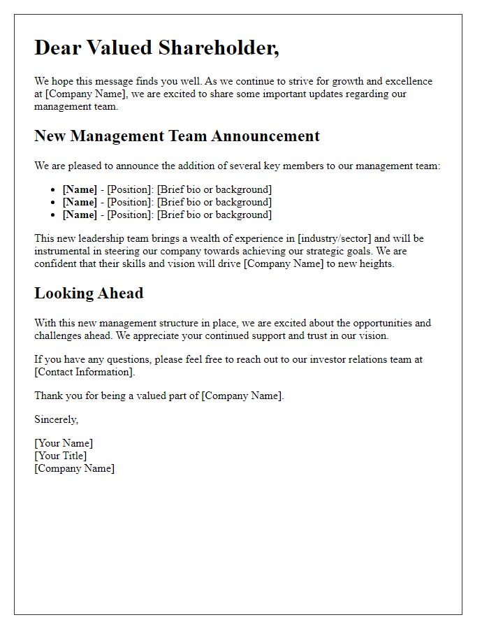 Letter template of shareholder update featuring new management team.