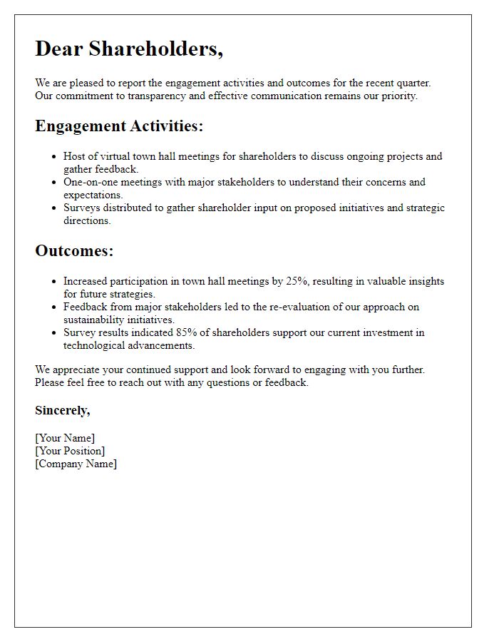 Letter template of engagement activities and outcomes for shareholders.