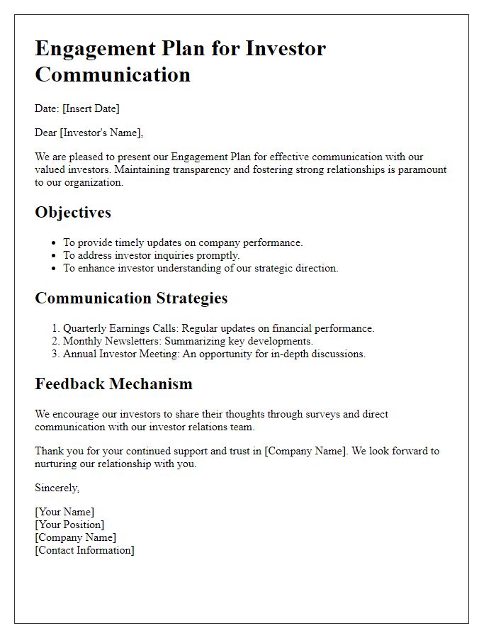 Letter template of engagement plan for investor communication.