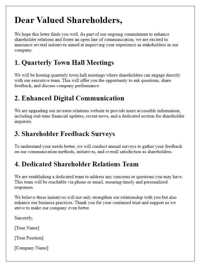 Letter template of initiatives for improving shareholder relations.