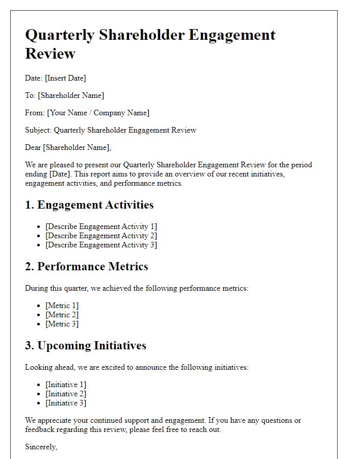 Letter template of quarterly shareholder engagement review.