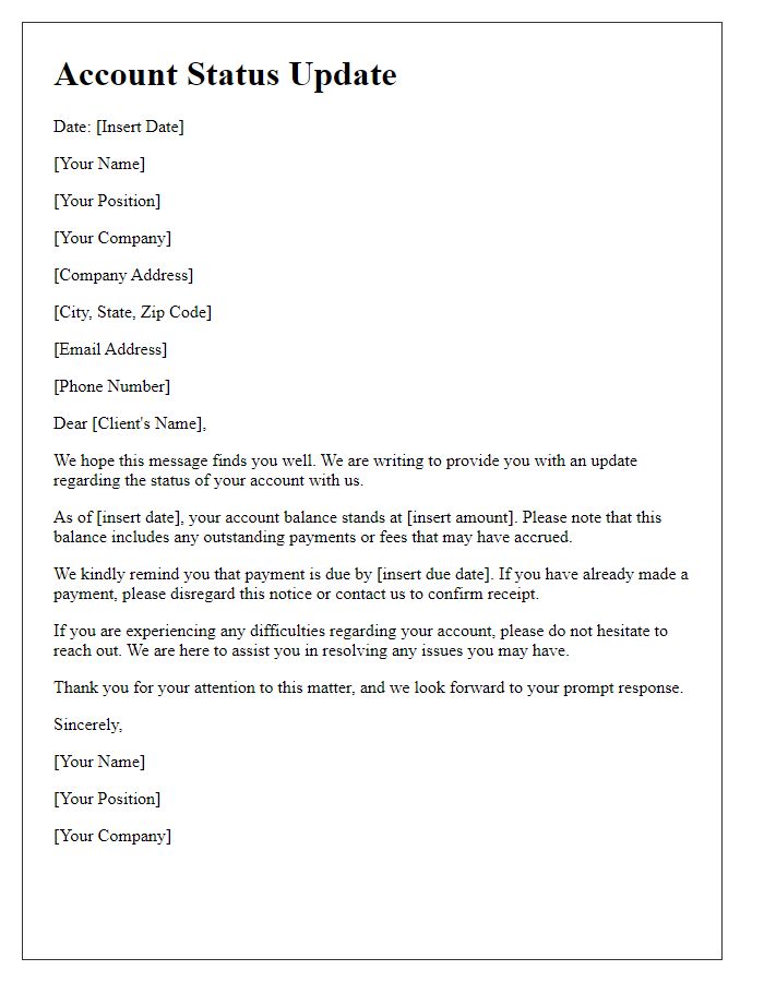 Letter template of account status update for collections