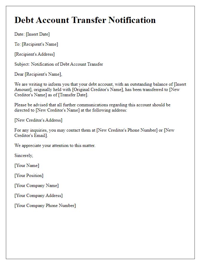 Letter template of debt account transfer notification