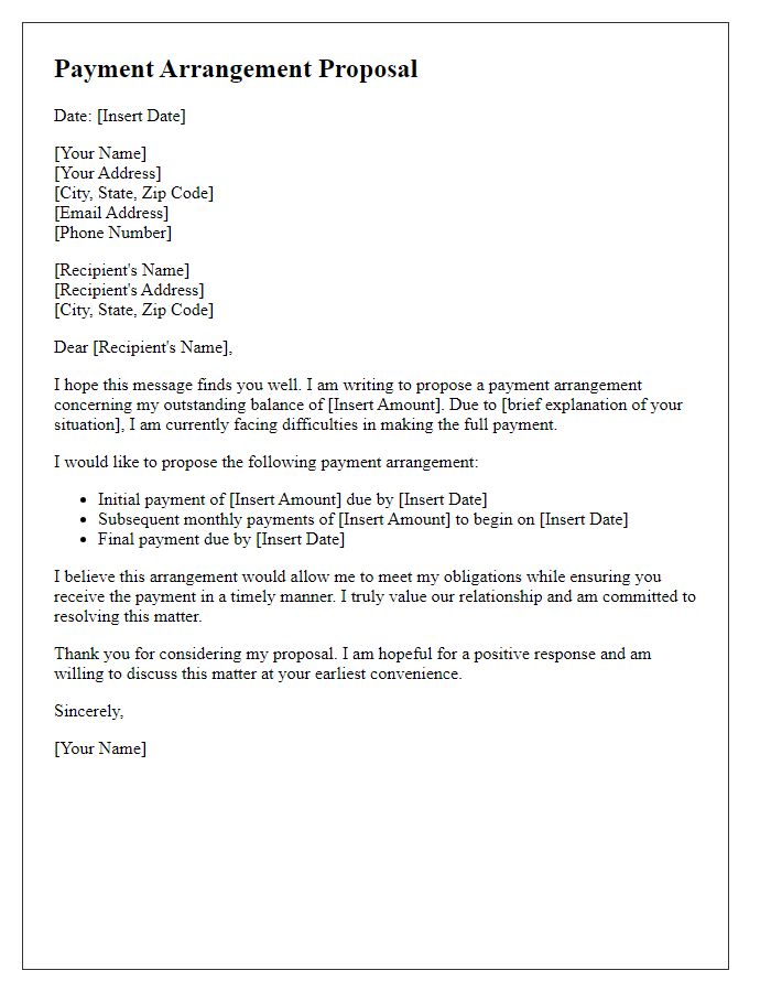 Letter template of payment arrangement proposal