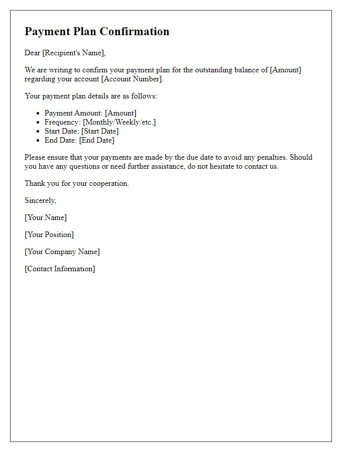 Letter template of payment plan confirmation