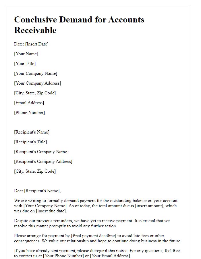 Letter template of conclusive demand for accounts receivable