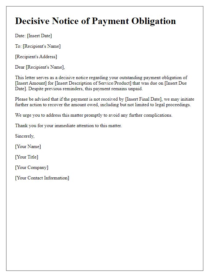 Letter template of decisive notice for payment obligation