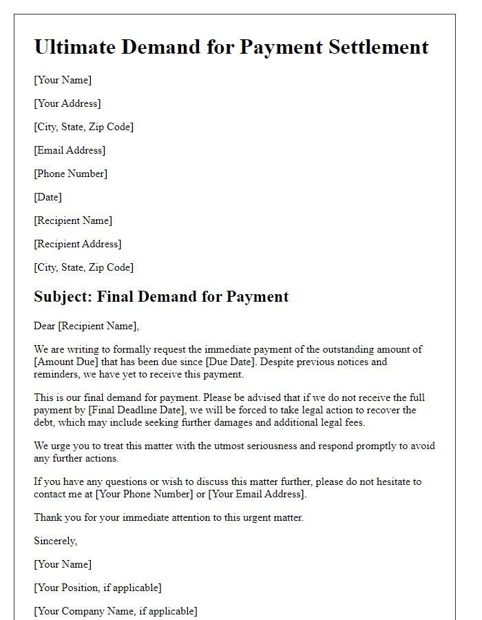 Letter template of ultimate demand for payment settlement