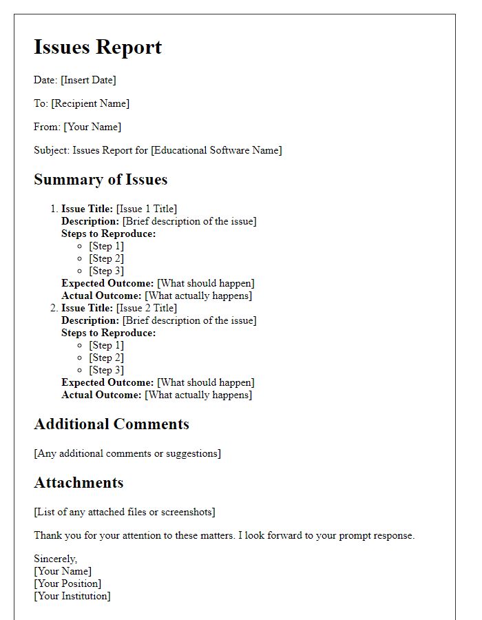 Letter template of issues report for educational software problems