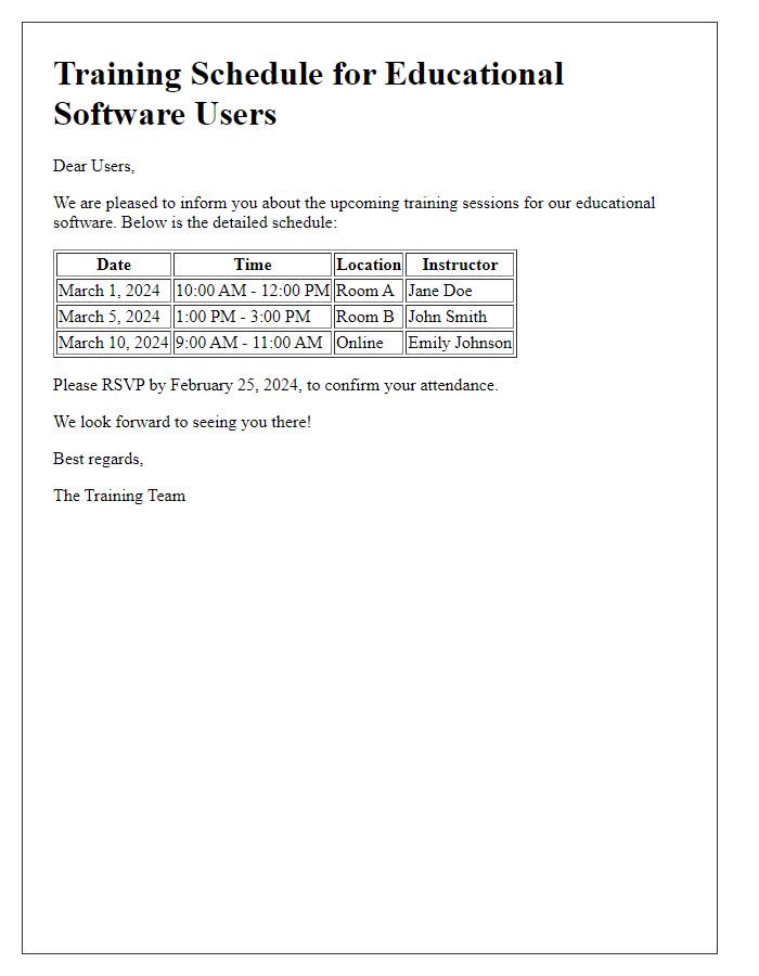 Letter template of training schedule for educational software users