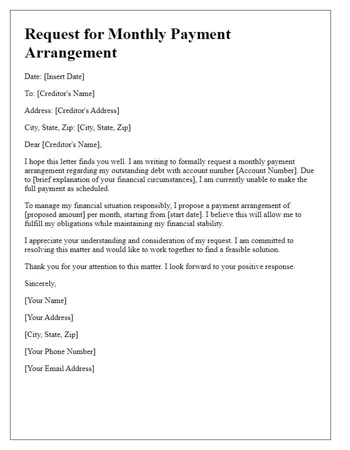 Letter template of monthly payment arrangement request for debts.