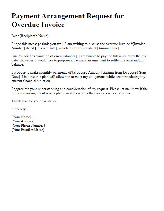 Letter template of payment arrangement request for overdue invoice.