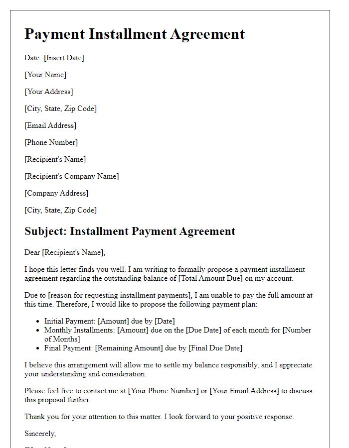 Letter template of payment installment agreement for large bills.