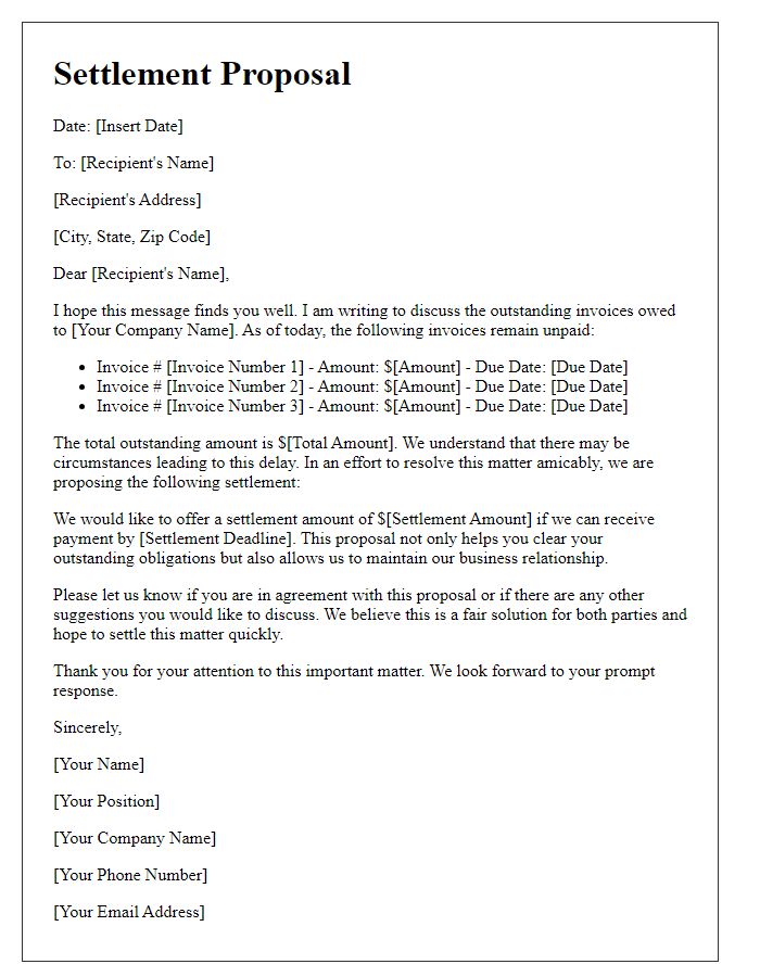 Letter template of settlement proposal for unpaid invoices.