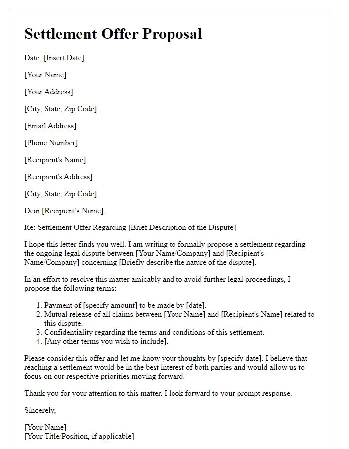 Letter template of a formal settlement offer proposal for legal disputes