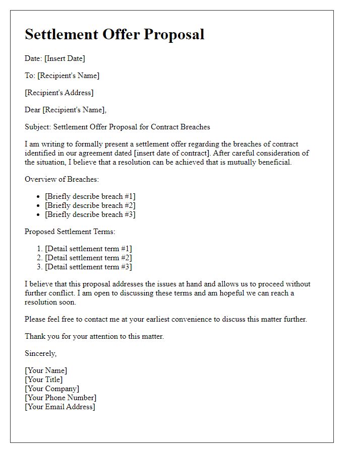 Letter template of a settlement offer proposal for contract breaches