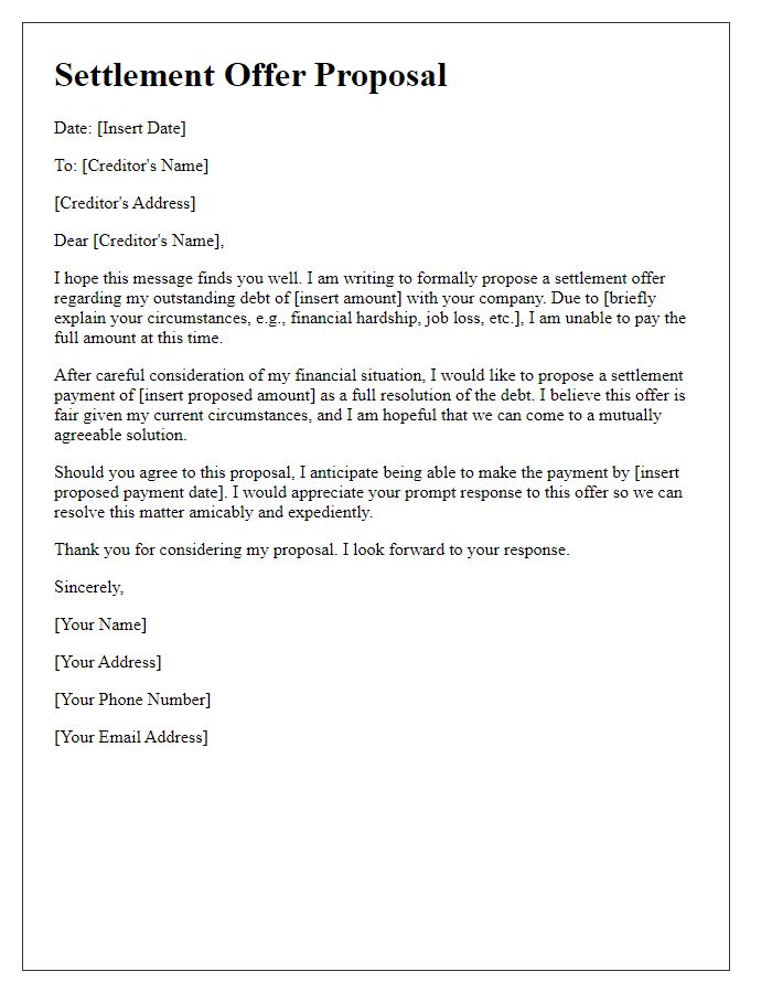 Letter template of a settlement offer proposal for debt resolution