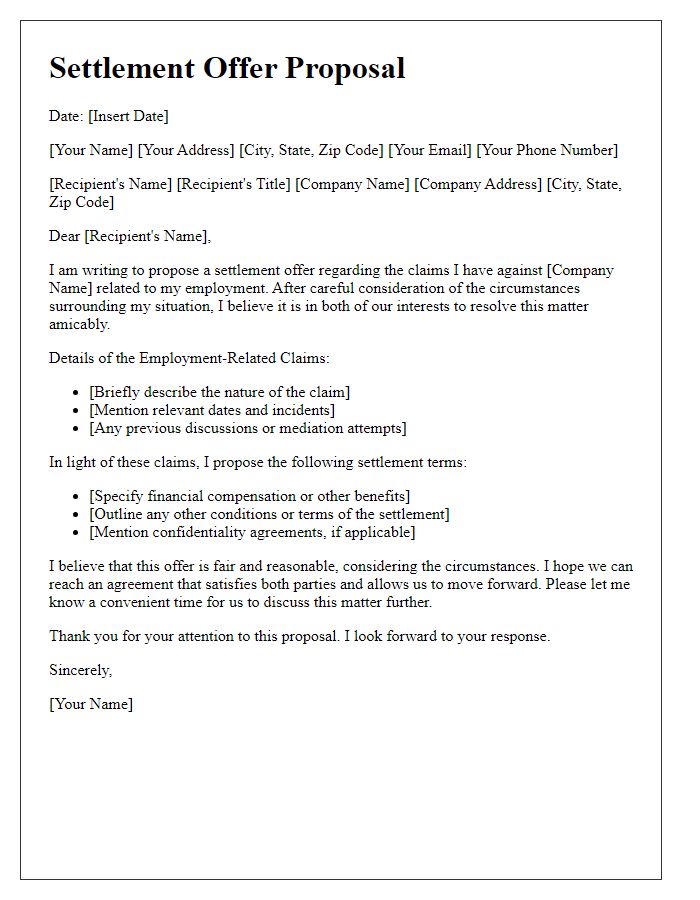 Letter template of a settlement offer proposal for employment-related claims