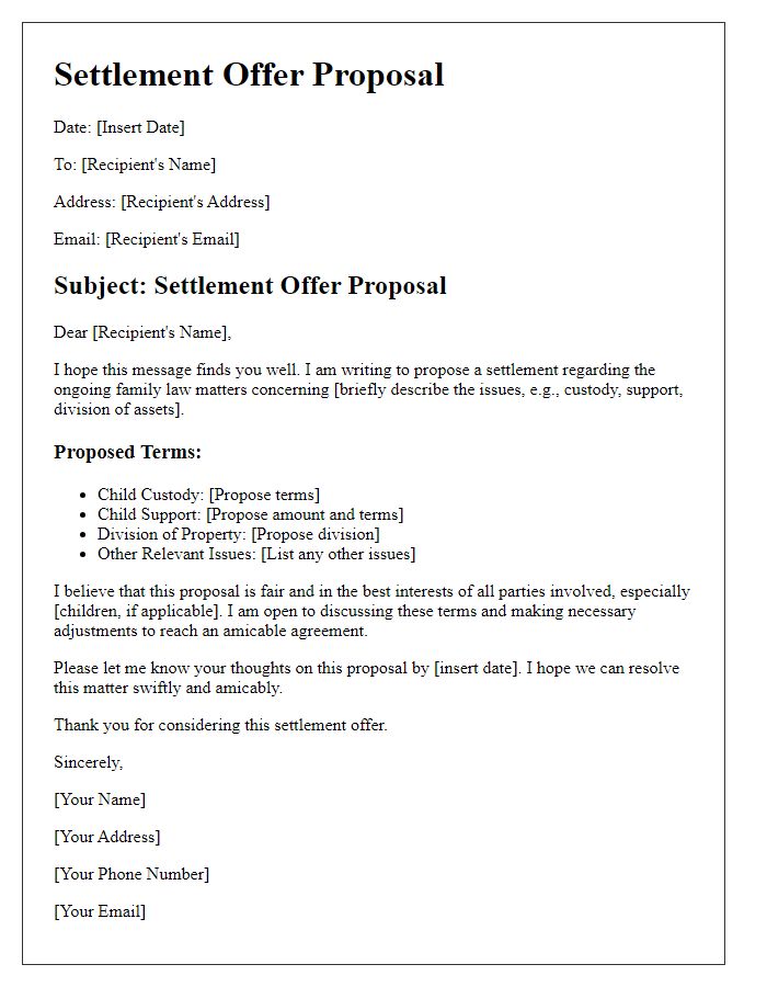 Letter template of a settlement offer proposal for family law issues