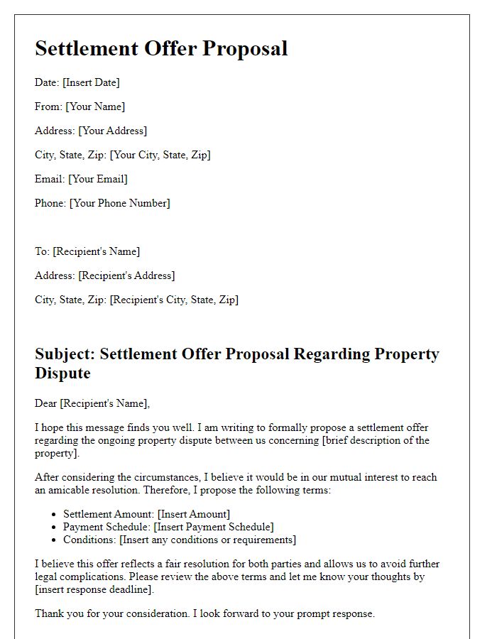 Letter template of a settlement offer proposal for property disputes