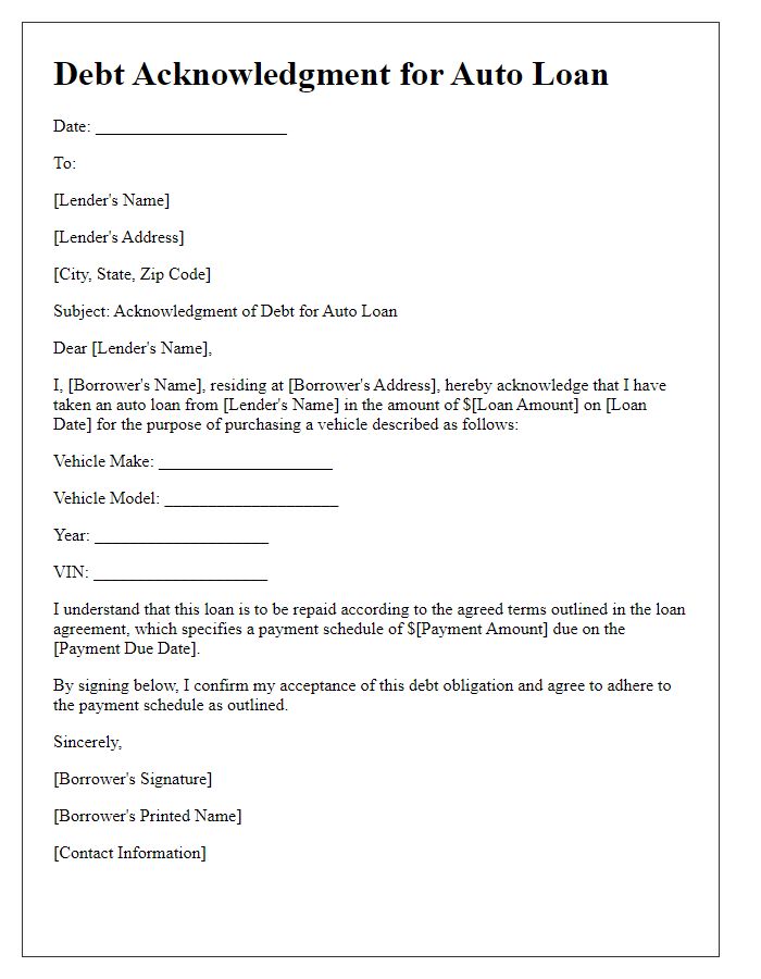 Letter template of debt acknowledgment for auto loans