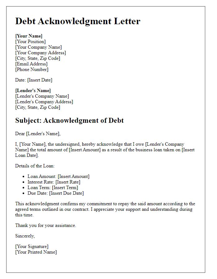 Letter template of debt acknowledgment for business loan