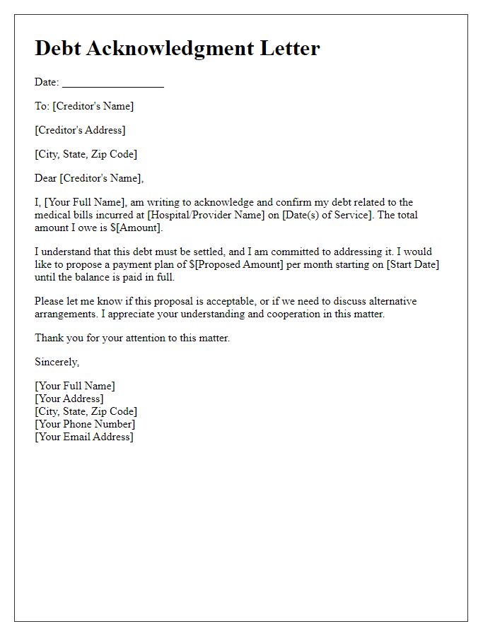 Letter template of debt acknowledgment for medical bills