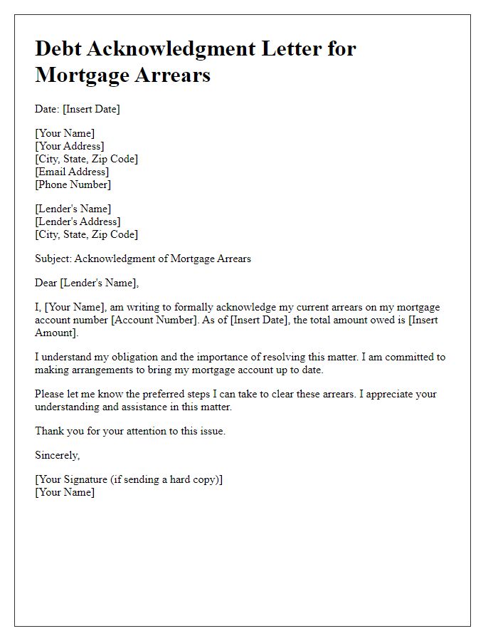 Letter template of debt acknowledgment for mortgage arrears