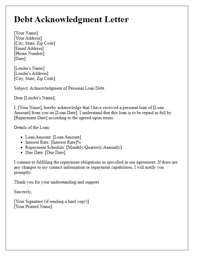 Letter template of debt acknowledgment for personal loan