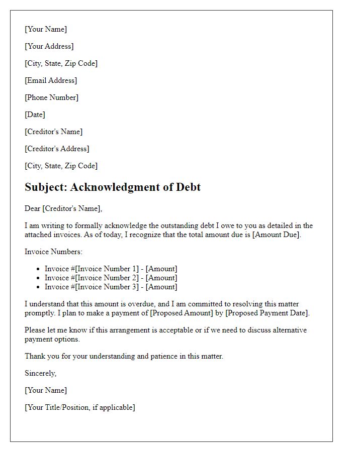 Letter template of debt acknowledgment for unpaid invoices