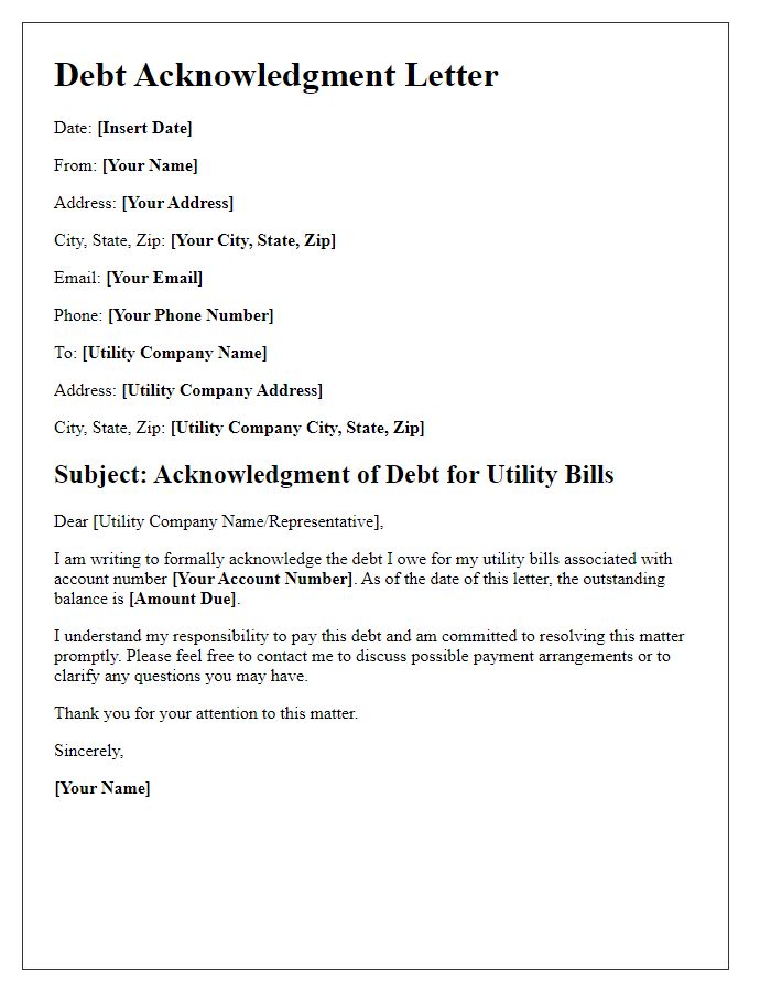 Letter template of debt acknowledgment for utility bills