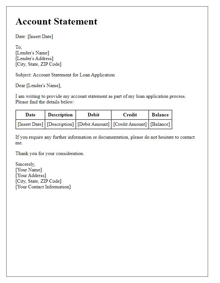 Letter template of account statement for loan application