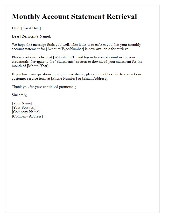 Letter template of monthly account statement retrieval